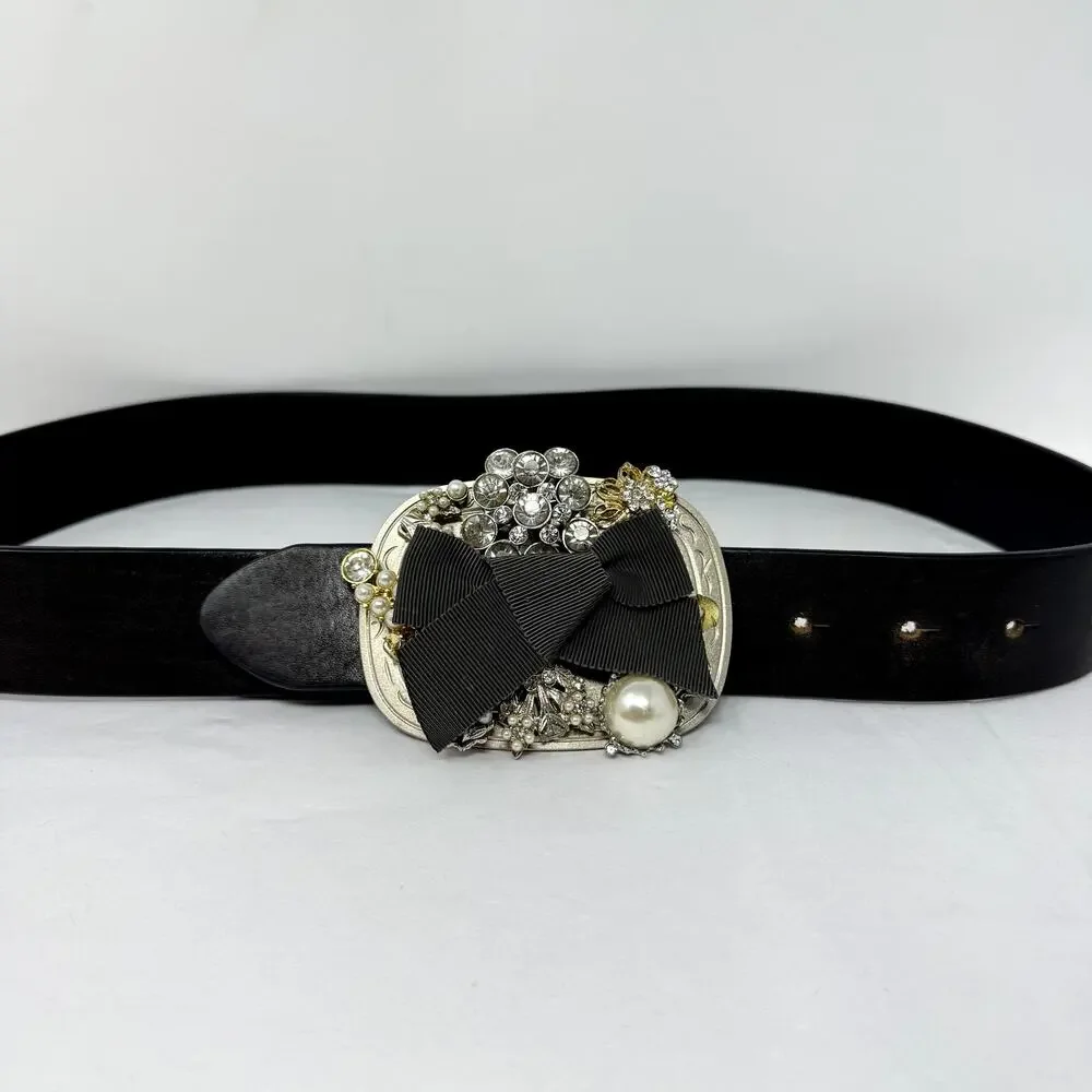 Vintage Artisan Embellished Belt Leather Strap Signed Buckle 1980s Repair